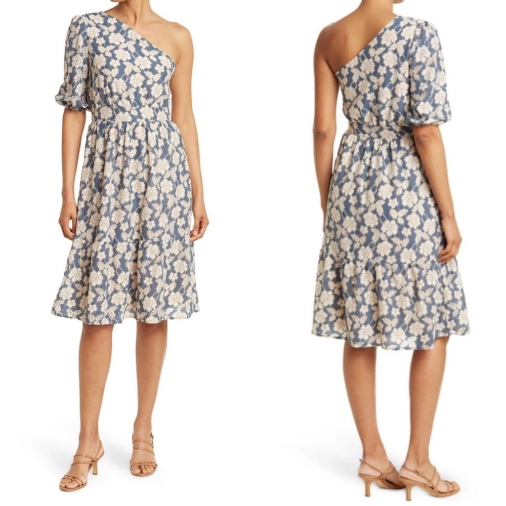 NSR Nordstrom Blue Navy Cream Floral One Shoulder Lace Midi Dress Size XS